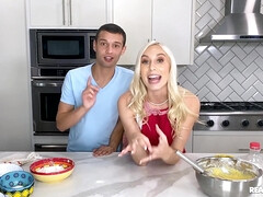 Blonde hottie Kay Lovely pleasures lucky dude in the kitchen
