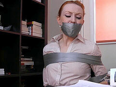 Girl taped and gagged on the chair by evil lady