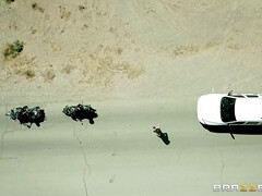 Pair of tattooed biker sluts getting fucked in the garage