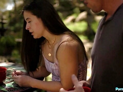 Pijpbeurt, Bruinharig, Stel, Hd, Buiten, Kut duiken, Geschoren, Tieten likken