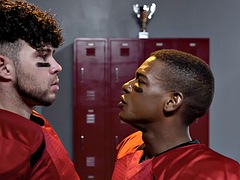 Athletic black stud bareback fucks boyfriend in sports locker room