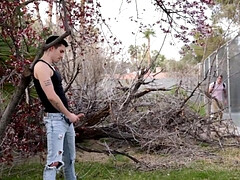 Tattooed dude and a nerdy lad banging in the woods