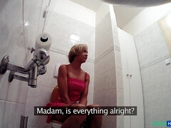 Enthousiasteling, Blond, Sperma, Likken, Kantoor, Kut duiken, Toilet, Bekijker