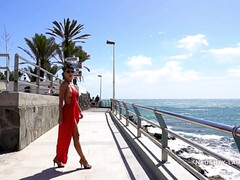Naughty exhibitionist MILF - Red Dress on Public Beach