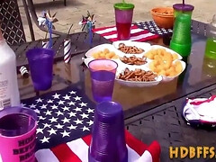 Whorish teens gang hardcore and sucking penis at pool fest