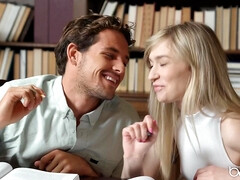 Juggy librarian teaches young girl how to please a man