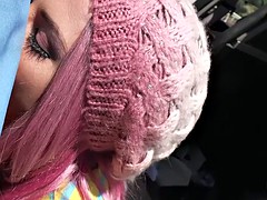 Pink haired teen fucks cops dick outdoors