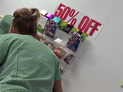 A grocery store foursome begins when the two blonde milfs tease their customer with their big boobs