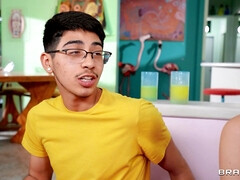 Kyler Quinn in glasses orally serves Diego Perez's cock