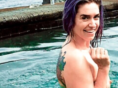 Soloing hottie Cat Asstrophe is touching her little pussy on the poolside