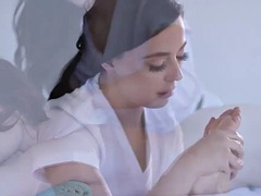 Teens Alison Rey and Whitney Wright enjoy massage and scissors