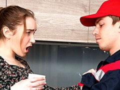 デカチン, 茶髪の, バック, キッチン, なめる, 自然山雀, オマンコ, ティーン