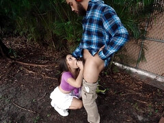 Horny slut Violet Gems pleases long-haired dude outdoors