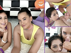 デカパイ, フェラチオ, 女 人男 人, 手コキする, ラティーナ, なめる, ティーン, 三人