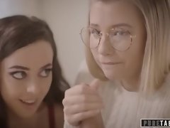 Blasen, Braunhaarige, Brille, Hd, Pov, Strümpfe, Jungendliche (18+), Flotter dreier