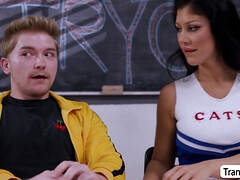 Slut cheerleader sucks and rides new TS member