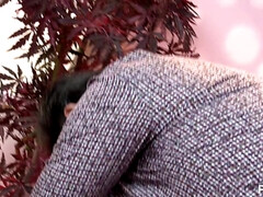 Young brunette in fishnets with big natural tits gets ass fucked close up