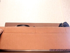 Watch this hot brunette tease her pussy with her feet and fingers