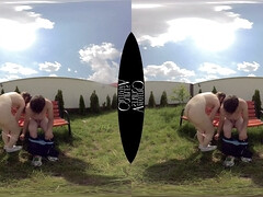 Petite Step Sis Couple's Wild Public Passion on Bench