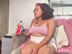 BBW Farting While Eating and Watching TV in White Shorts