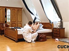 Watch Dr. Feelgood's wife with massive natural tits get her cuckold husband off with a hot medical examination