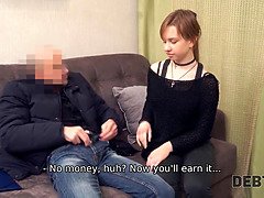 Pretty young girl with a choker satisfies debt