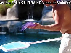 デカパイ, フェラチオ, バック, Hd, なめる, プール, 公共, オマンコ