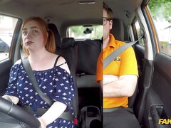 A fat redhead chick rides a stiff dick during a driving lesson