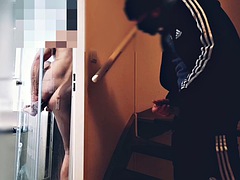 Straight neighbor caught secretly jerking off while horny guy fucks himself in the shower with two dildos in his ass and mouth